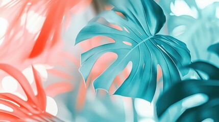 Poster - Vibrant bokeh background with tropical leaves in shades of teal and coral creating a lively aesthetic
