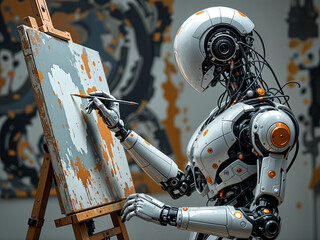 Poster - futuristic humanoid robot paints oil painting . Generative AI