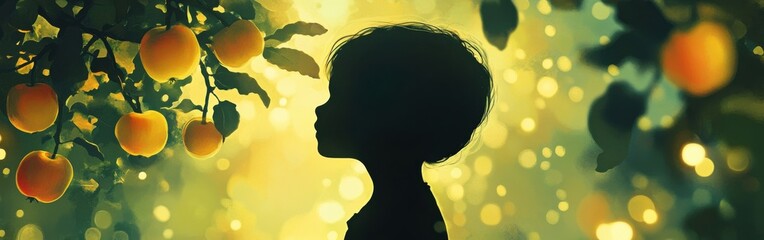 Aufkleber - Surreal portrait of a child's silhouette surrounded by glowing fruit at dusk in a magical forest