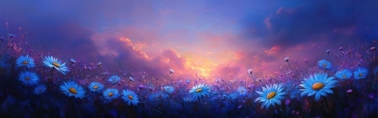 Aufkleber - Surreal meadow overflowing with vibrant neon blue daisies at sunset glow