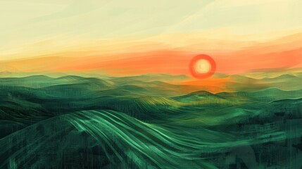 Poster - Surreal landscape of rolling hills under a vibrant sunset with colorful sky elements showcasing graffiti art