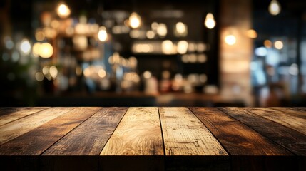 Poster - A rustic wooden table invites creativity, set against a softly blurred background of warm lights and elegant decor. Perfect for showcasing unique products in a cozy setting