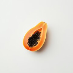 Poster - Vibrant orange papaya slice showcasing its rich inner texture and glossy seeds on a clean surface