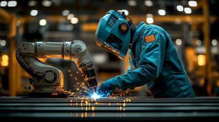 Poster - A skilled worker engages in welding activities using a robotic arm in a high-tech manufacturing plant.