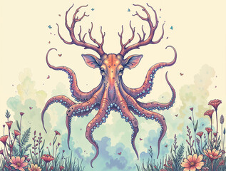 Poster - surreal octopus and deer mutant . Generative AI