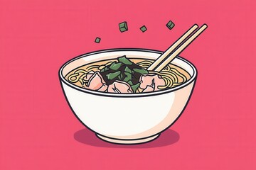 Aufkleber - Delicious bowl of ramen with chopsticks featuring pork, seaweed, and green onions at a cozy dining table