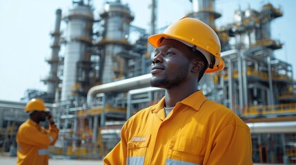Fototapete - Skilled workers engage in tasks at a busy petrochemical refinery, showcasing automated systems and engineering innovations in a safe environment under clear skies.