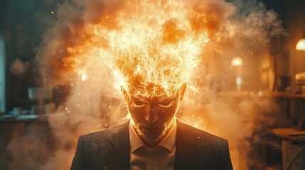 Wall Mural - In a demanding office, smoke and fire explode from a suited businessman's head, symbolizing burnout and information overload.