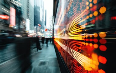 Poster - Blurred city street scene at night with a large digital display showing dynamic data.  Warm, orange and red light glows from the screen, contrasting with the cool tones of the street. Motion blur