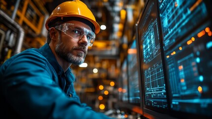 Aufkleber - A professional engineer focuses intently on multiple screens in a modern petrochemical facility, overseeing automation and data management processes critical for production and efficiency.