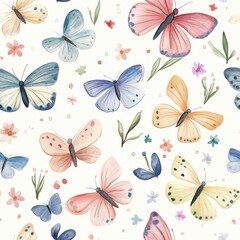 Poster - Watercolor doodle of butterflies and flowers in a serene garden setting