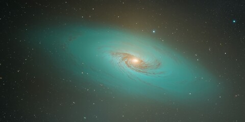 Wall Mural - Spiral galaxy with teal cosmic glow, bright central core, and dark space backdrop. Celestial scene with swirling arms, distant stars, and interstellar dust. Astronomy view with vibrant turquoise tones