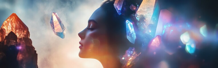 Aufkleber - Portrait of a woman illuminated by gemstones in a mystical setting at dusk