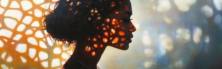 Poster - Woman with radiant silhouette illuminated by playful shadows in a tranquil setting