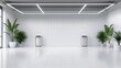© michnik101 - Minimalist modern waiting area with white tiles, plants, and geometric ceiling lights. Clean futuristic space