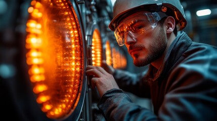 Poster - A skilled operator inspects illuminated control panels in a steel manufacturing facility. The warm lights reflect the advanced technology and automation utilized in the industrial space.
