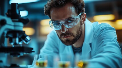 Poster - A laboratory technician in a white lab coat and safety goggles focuses intently on adjusting a microscope while analyzing various chemical samples.