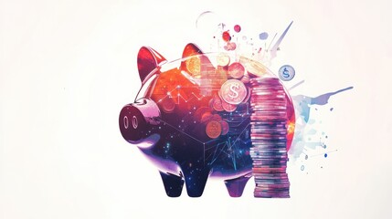 Poster - Piggy bank silhouette filled with financial symbols and colorful elements in digital art design