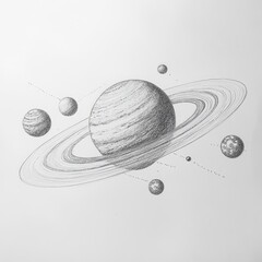 Poster - Detailed pencil sketch representing a solar system model showcasing planets and rings in a creative layout