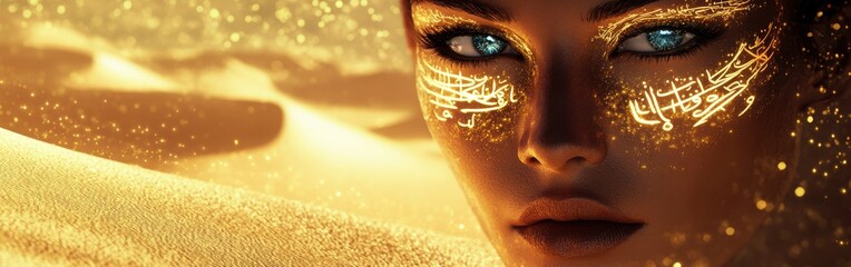 Poster - Mystical visualization of a woman's face adorned with golden symbols and mesmerizing blue eyes in a desert landscape