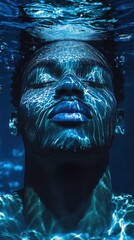 Poster - Mystical visualization capturing a swimmer's face submerged in tranquil waters with reflections resembling cosmic patterns