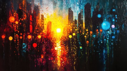 Aufkleber - Mystical silhouette of a vibrant cityscape at dusk with glowing orbs and a radiant sunset