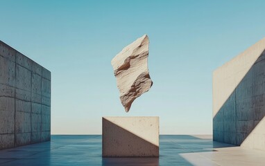 Poster - Abstract 3D rendering of a beige rock formation levitating above a concrete cube, set against a minimalist concrete structure and a serene blue sky.  The scene is bathed in soft, natural light