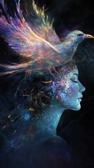 Poster - Mystical depiction of a woman's profile with a vibrant bird above her head