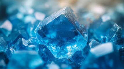 Poster - Close-up view of vibrant blue crystals highlighting the intricate details of crystallization in a chemical manufacturing process. The sharp edges and transparency indicate high purity.