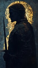 Poster - Mystical profile of a man with intricate details holding a sword against a glowing backdrop