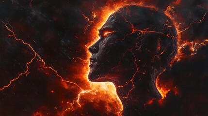 Poster - Mystical profile of a man filled with fiery elements and dramatic cosmic energy at twilight