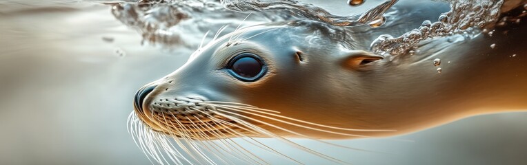 Poster - Close-up focus on a seal's face swimming just below the water surface