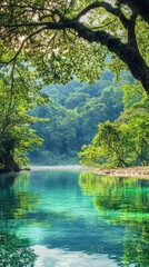 Aufkleber - Lush green forest reflects on crystal-clear water in a serene natural setting surrounded by trees