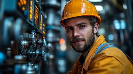 Fototapete - A dedicated engineer is adjusting complex machinery controls in an industrial refinery setting at dusk, showcasing the importance of automation in chemical processing.