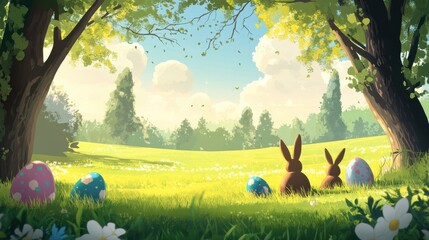 Poster - Serene natural park setting with playful rabbits and colorful eggs in a sunny meadow during springtime