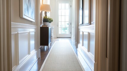Aufkleber - Hallway with textured runner leading to bright door in contemporary interior setting