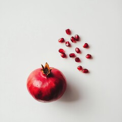 Poster - Fresh red pomegranate with vibrant seeds spilling on a clean white background