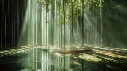 Aufkleber - Forest-inspired design showcasing earthy greens with light beams filtering through trees