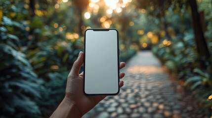Natural outdoor setting, hand holding modern blank smartphone close up perfect for mobile app or design showcase.