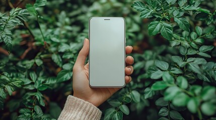 Natural outdoor setting, hand holding modern blank smartphone close up perfect for mobile app or design showcase.