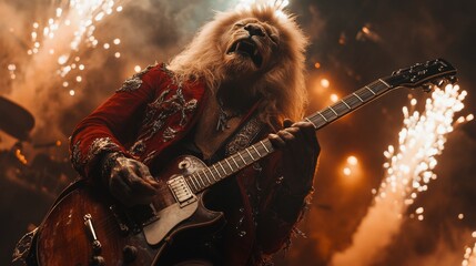 Poster - A performer dressed as a lion captivates the audience while playing an electric guitar. The dynamic concert features colorful fireworks illuminating the night sky.