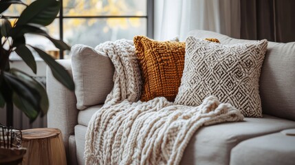Aufkleber - Cozy living room featuring a neutral-toned sofa adorned with textured pillows and a warm throw blanket