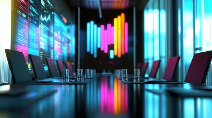 Poster - Conference room with vibrant digital displays showcasing project data in a modern workspace
