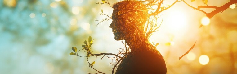 Poster - Man radiating energy surrounded by branches and light in a mystical forest setting during sunset hours