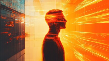 Poster - Man glowing with energy in a futuristic urban setting during the day, symbolizing innovation and creativity