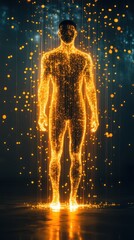 Poster - Man radiating a glowing aura amidst particles in a dark environment with artistic lighting