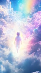 Aufkleber - Child surrounded by glowing clouds in a dreamlike sky at twilight