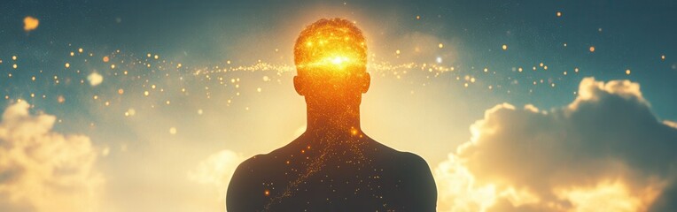 Aufkleber - Man radiating light with an aura of energy in a serene sky during sunset