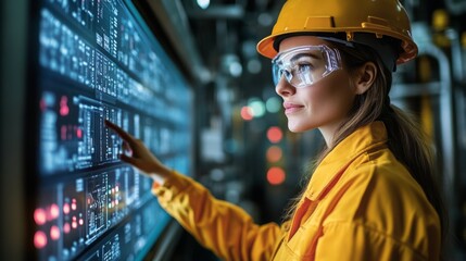 Aufkleber - A woman in a hard hat and safety glasses operates a digital control panel in a petrochemical refinery. The atmosphere is illuminated by glowing screens displaying automation data.
