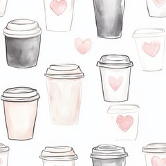Aufkleber - Calming watercolor doodles featuring coffee cups with heart designs on a soft background